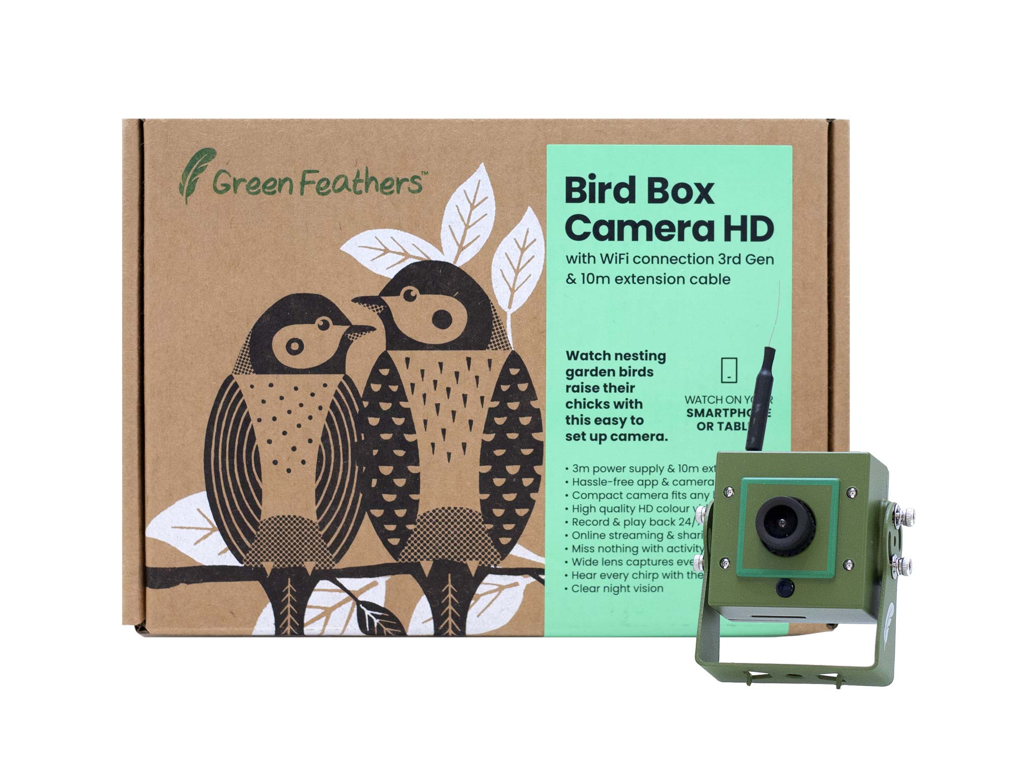 green feathers bird box camera with kraft presentation box